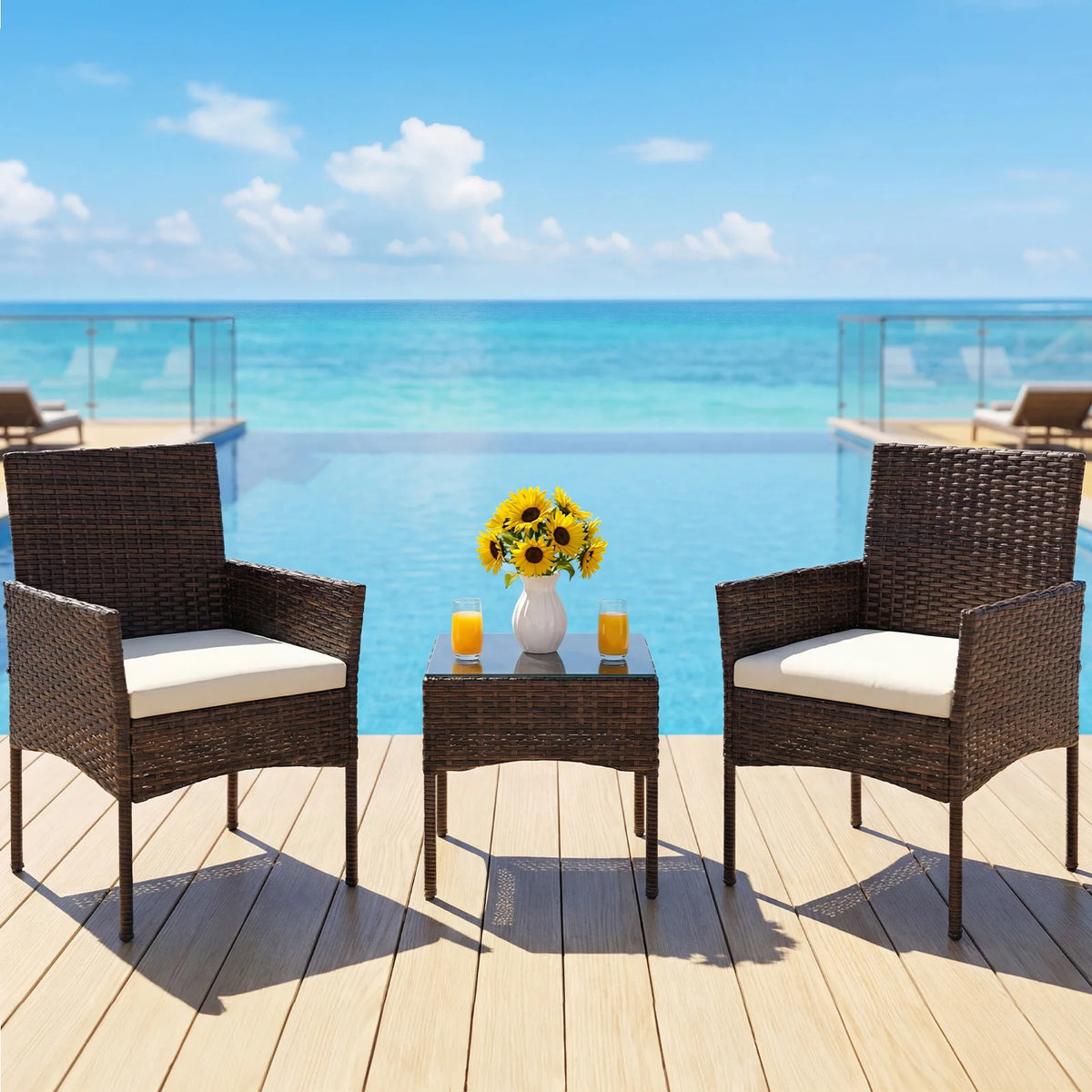 JHK Wicker Patio Bistro Set With Cushions And Glass Table