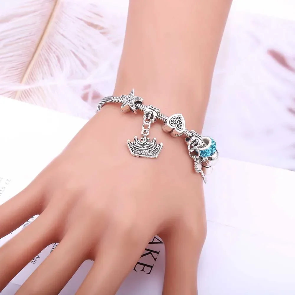 Elegant Butterfly Crown Beaded Charm Bracelet For Women