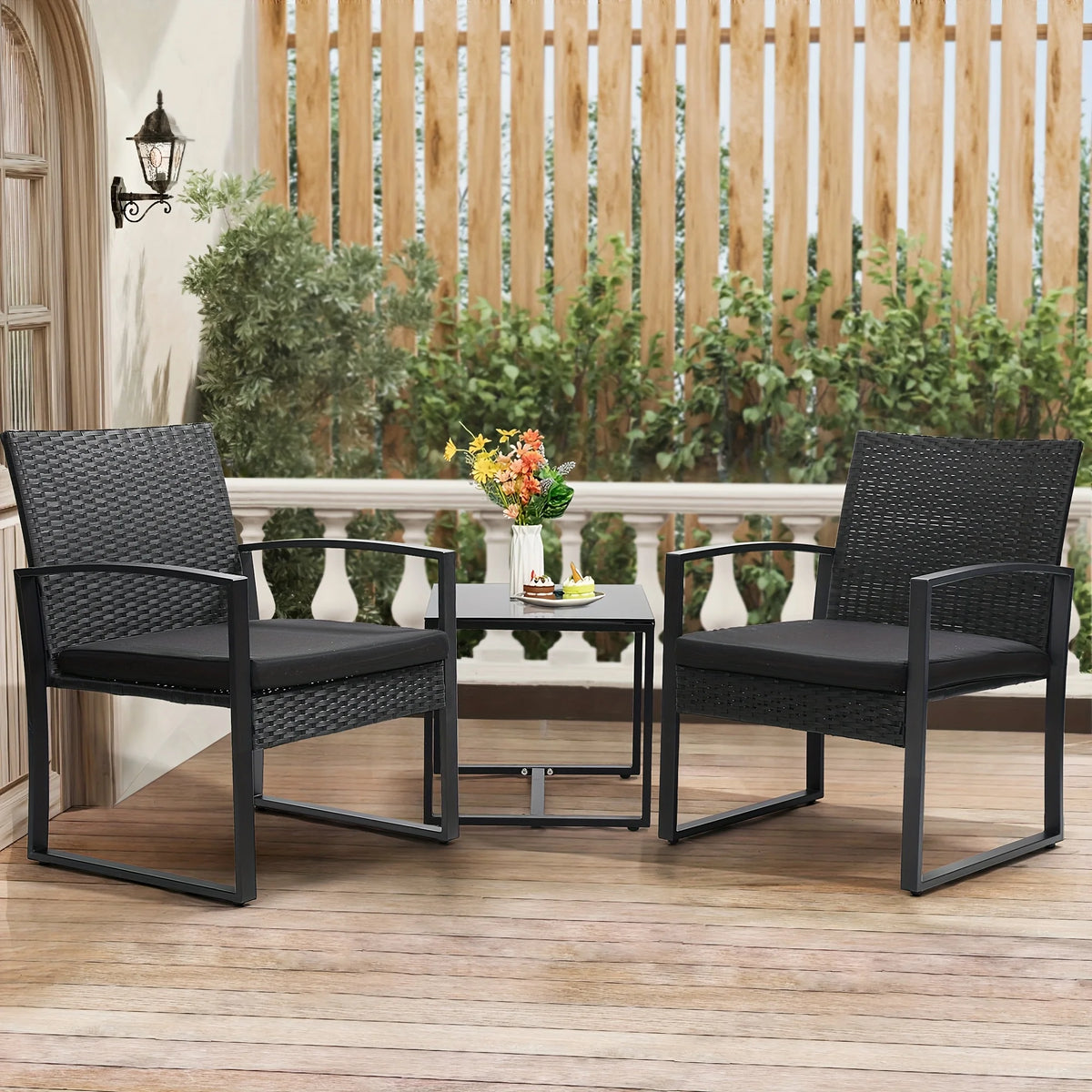 TUAREX Outdoor Wicker Bistro Set With Coffee Table And Cushions