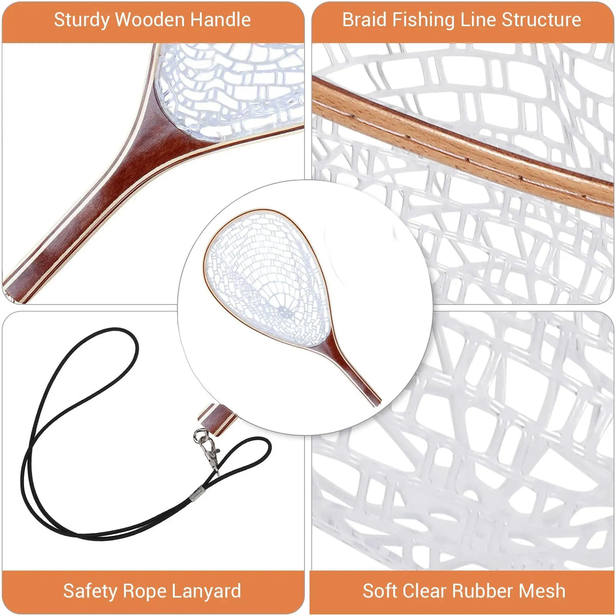 Wooden Frame Fly Fishing Landing Net With Knotless Rubber Mesh