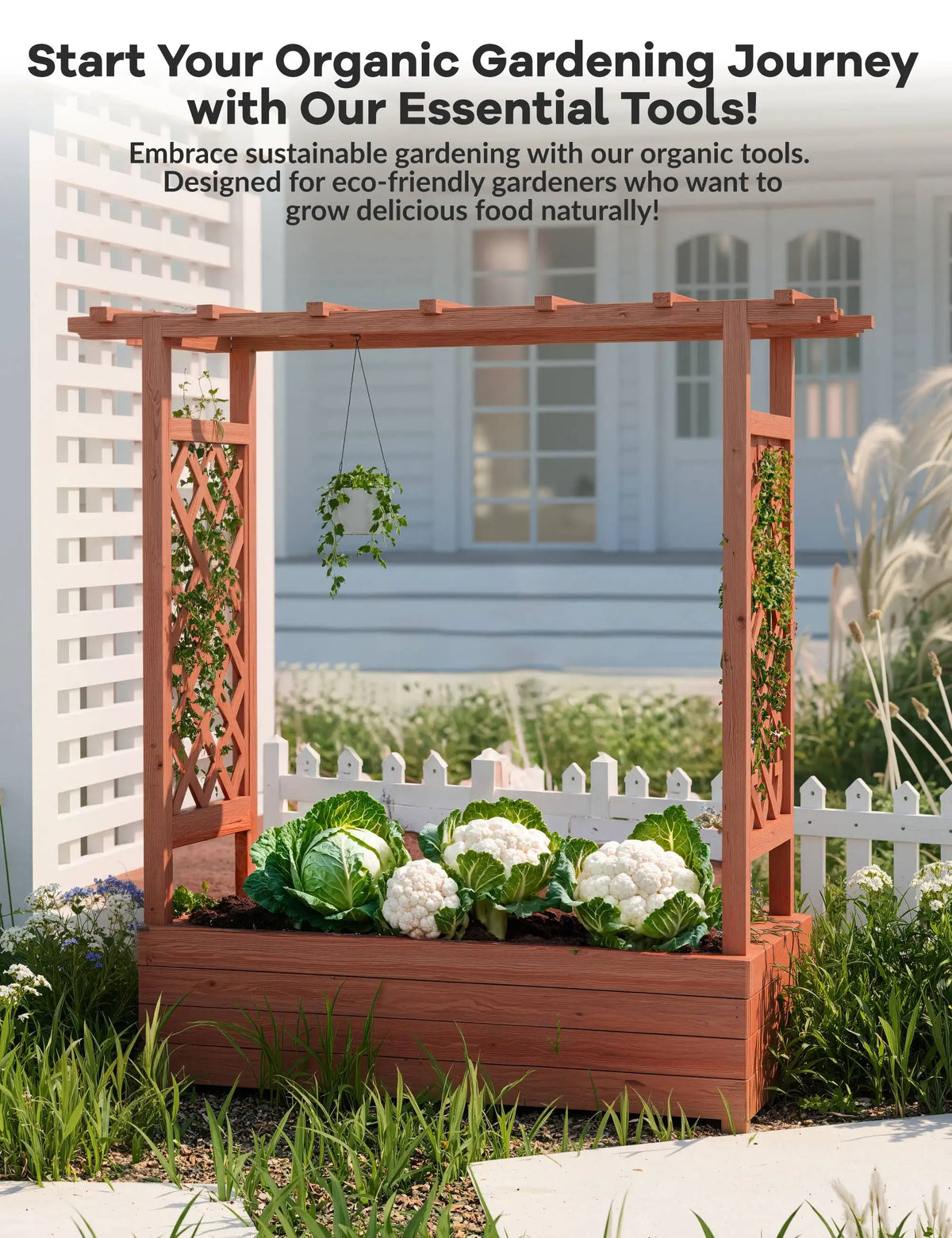 HiMISS Elevated Wooden Garden Planter With Trellis And Drainage Hole
