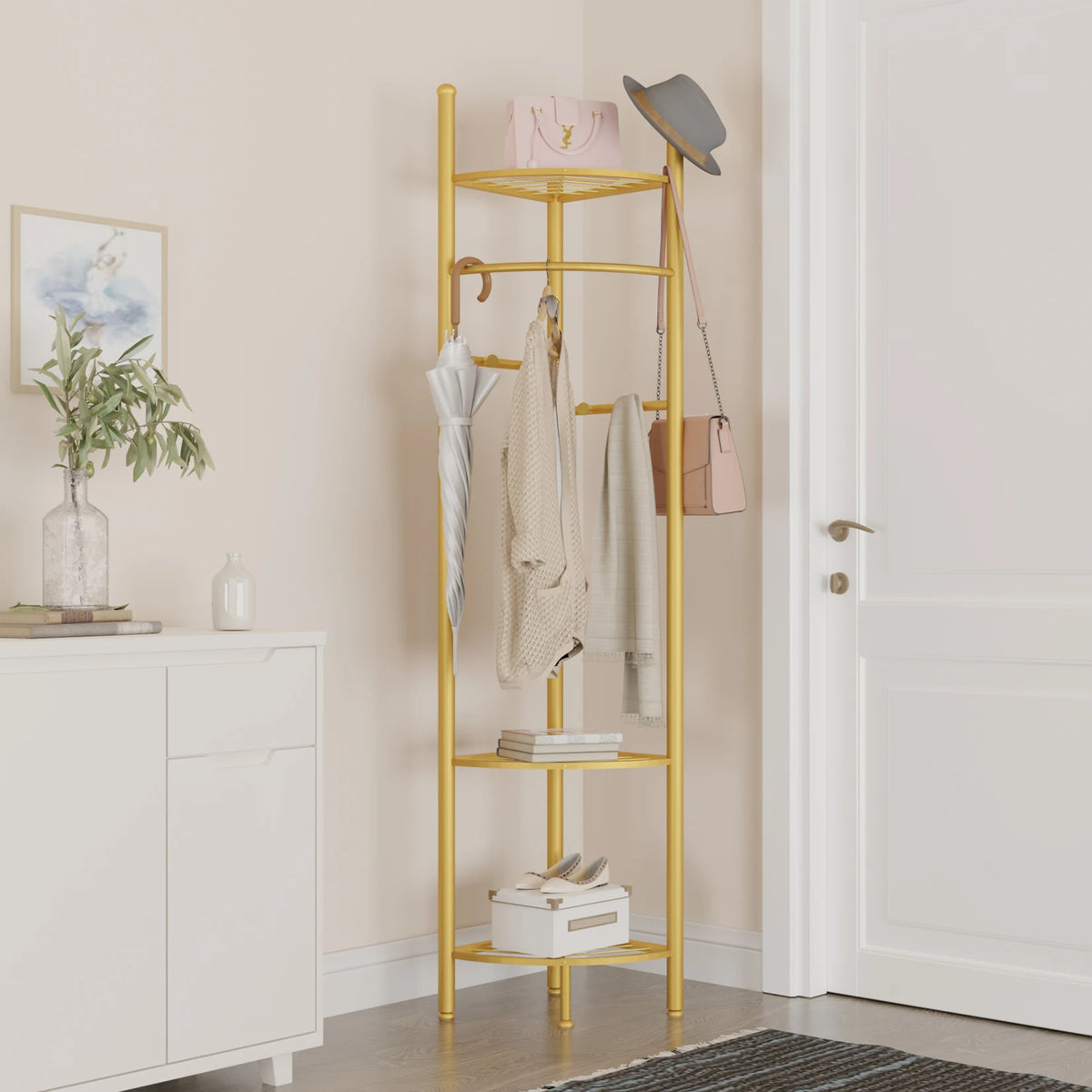Freestanding Metal Coat Rack With Shelf And Hat Hooks