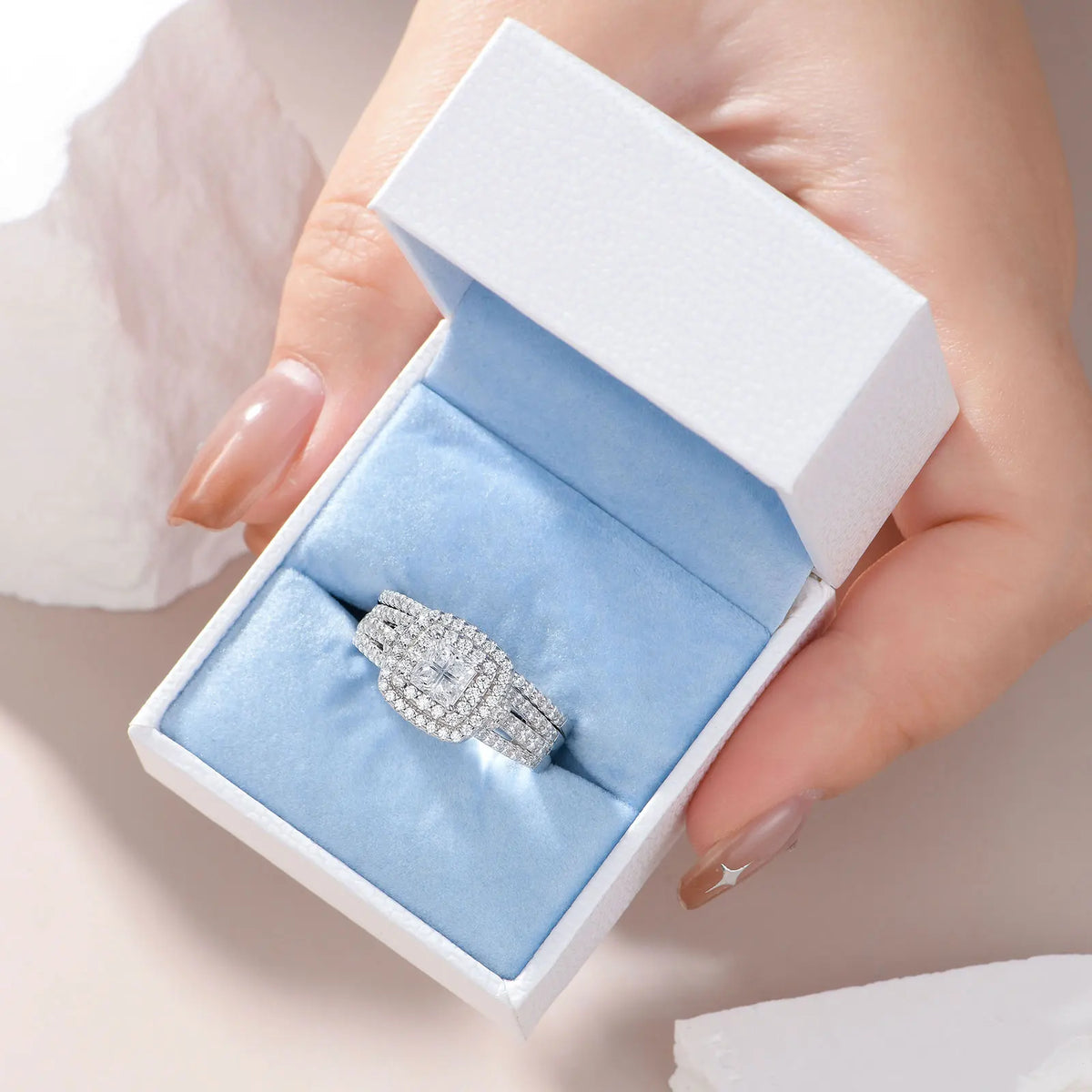 Newshe Sterling Silver Halo Wedding Ring Set Simulated Diamond