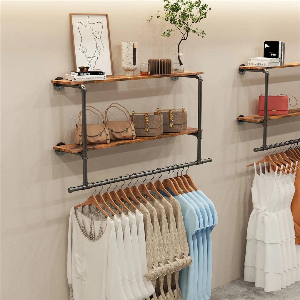 Heavy Duty Wall Mounted Pipe Clothing Rack With Open Shelves