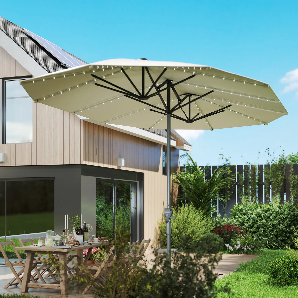 Outsunny 15 Foot Patio Umbrella With Solar Lights And Upf50