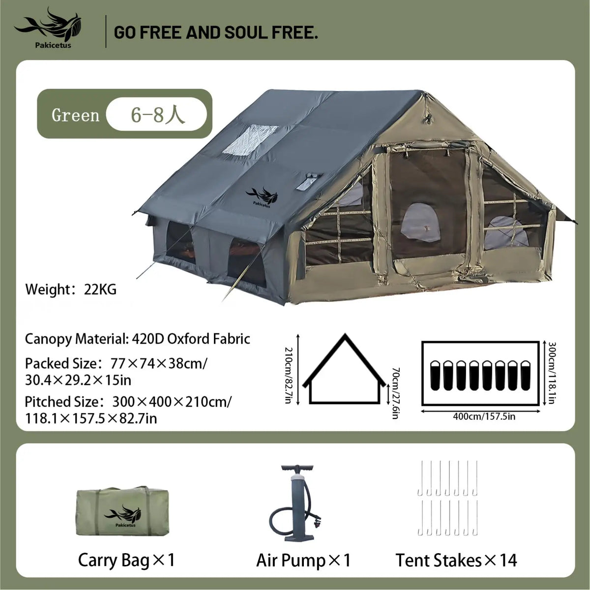 Pakicetus Waterproof Inflatable Camping Tent Quick Setup Portable Carry Bag