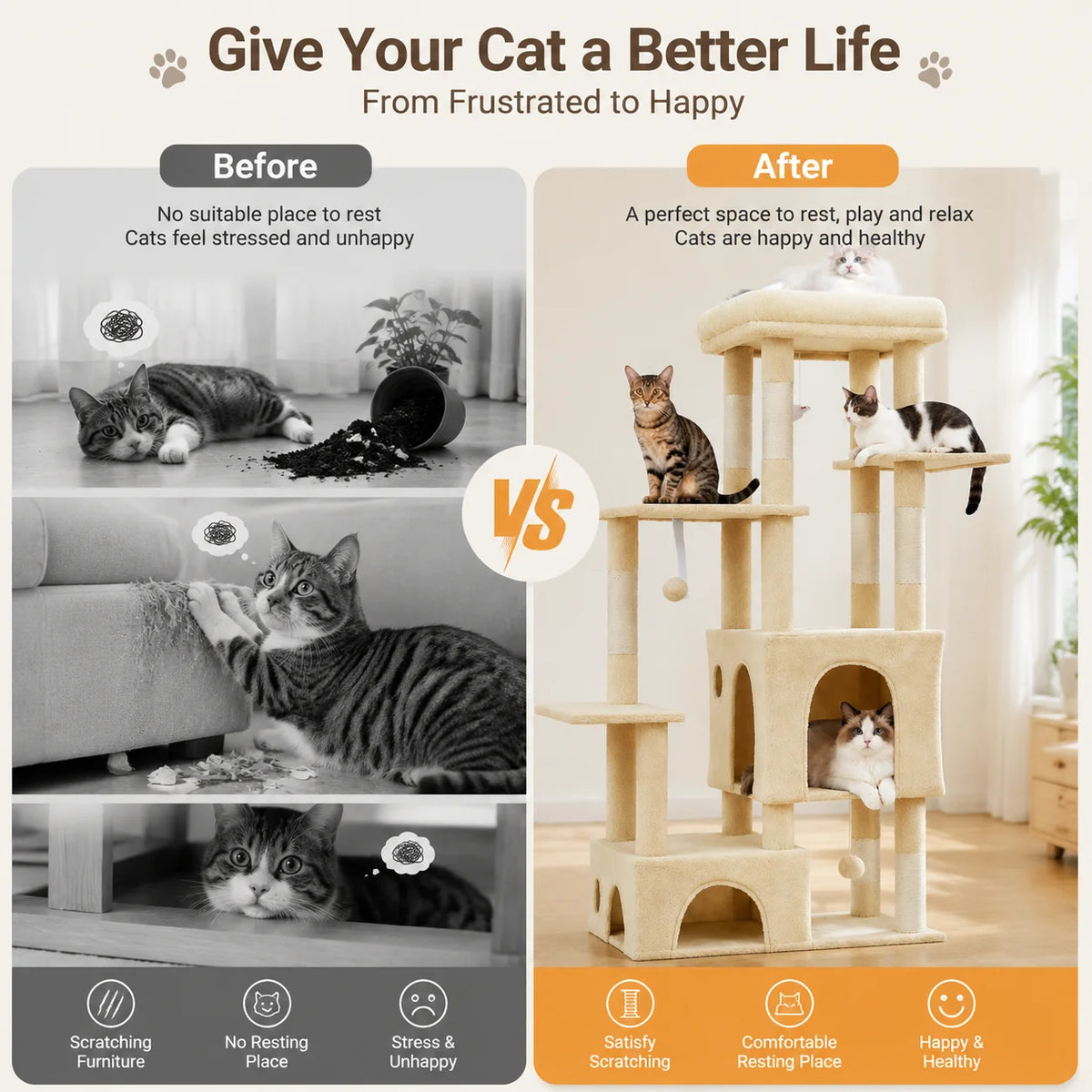 Multi-Level Cat Tree Tower With Condos, Scratching Posts And Perch