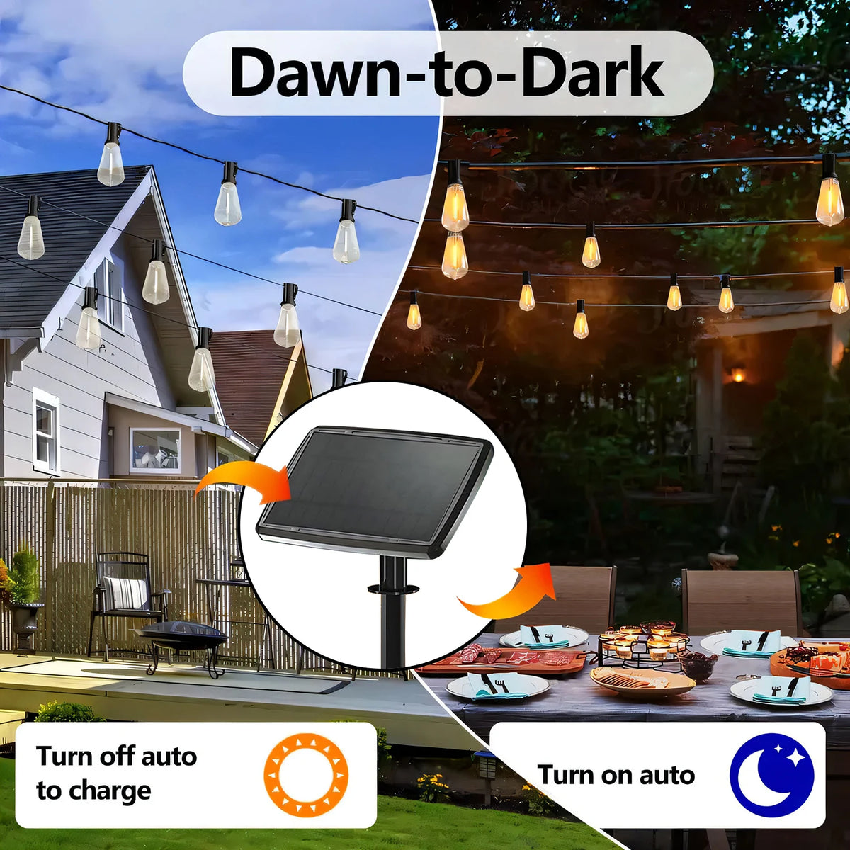Solar Powered Outdoor String Lights With Warm White LED Bulbs