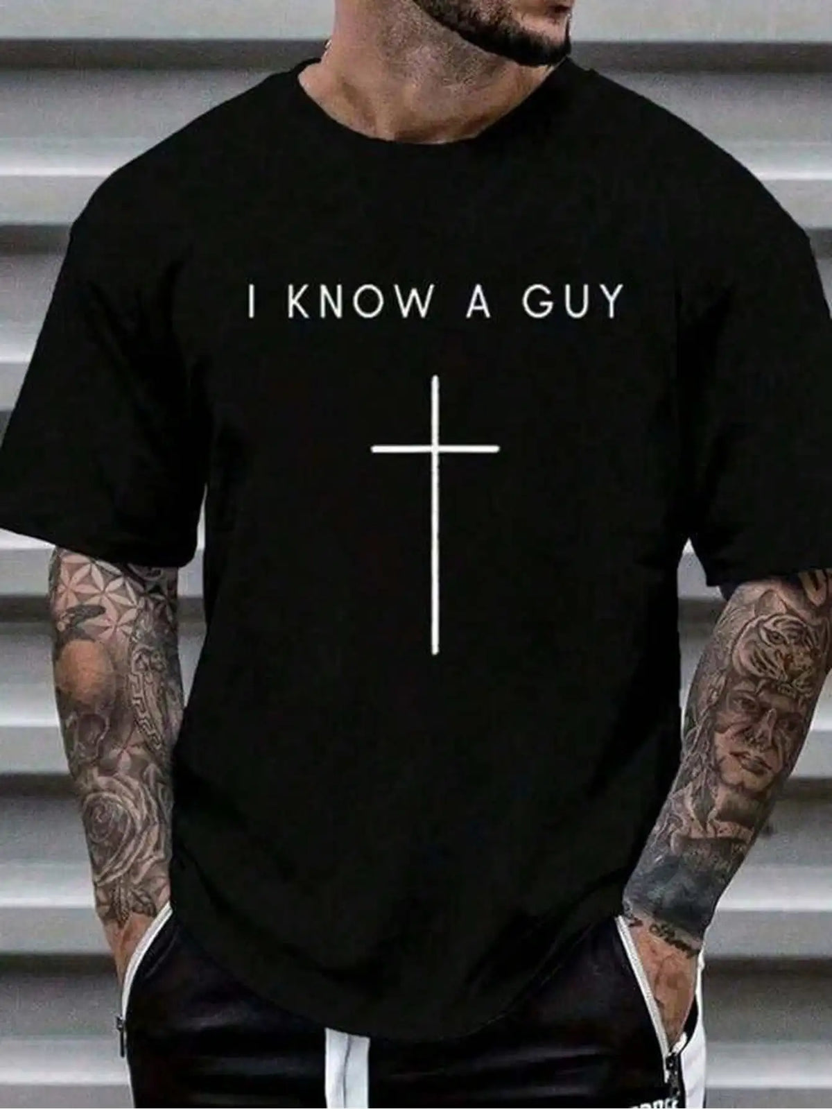 Mens Cross Inscription Print Crew Neck Casual Cotton T Shirt