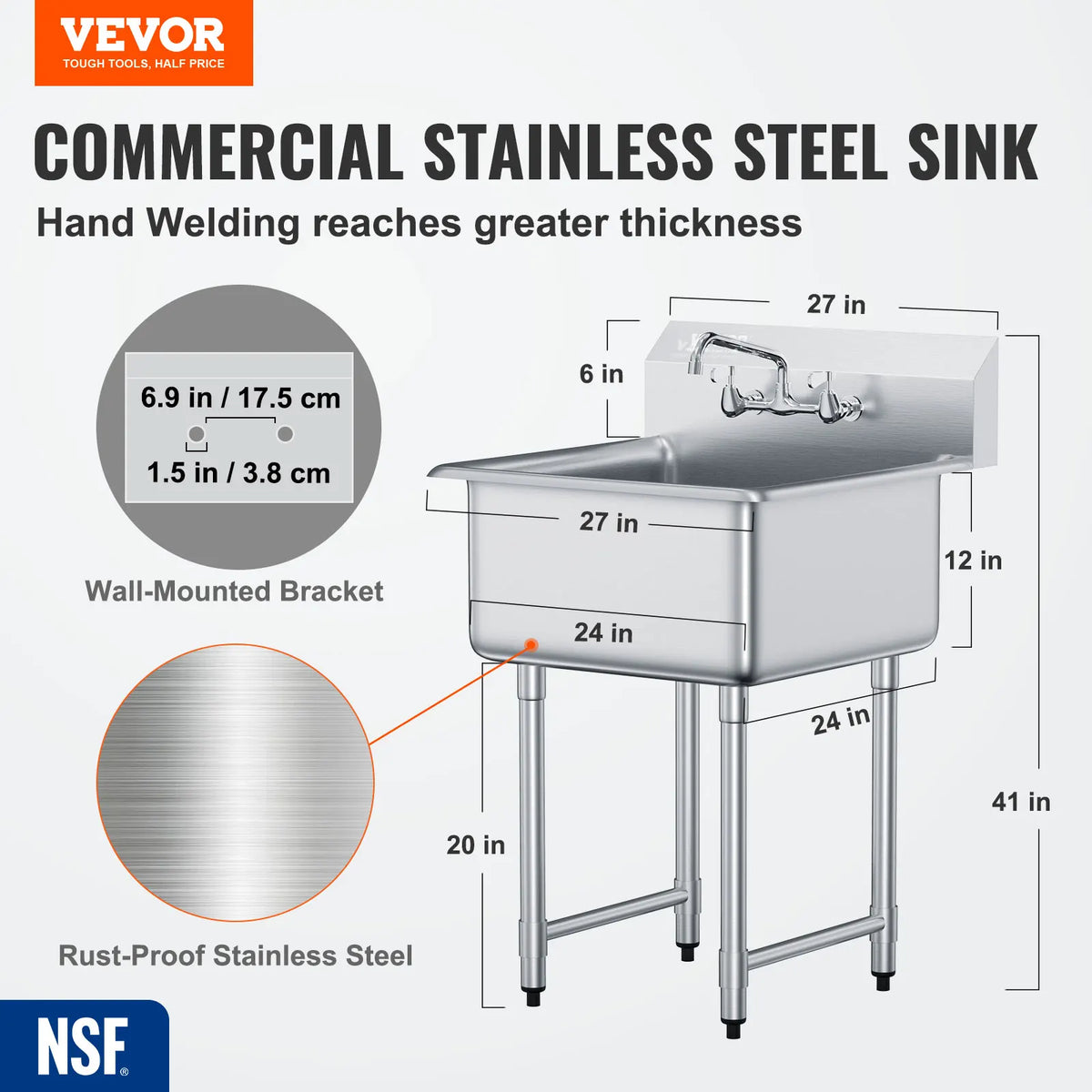 SucceBuy Stainless Steel Single Bowl Commercial Utility Sink With Faucet