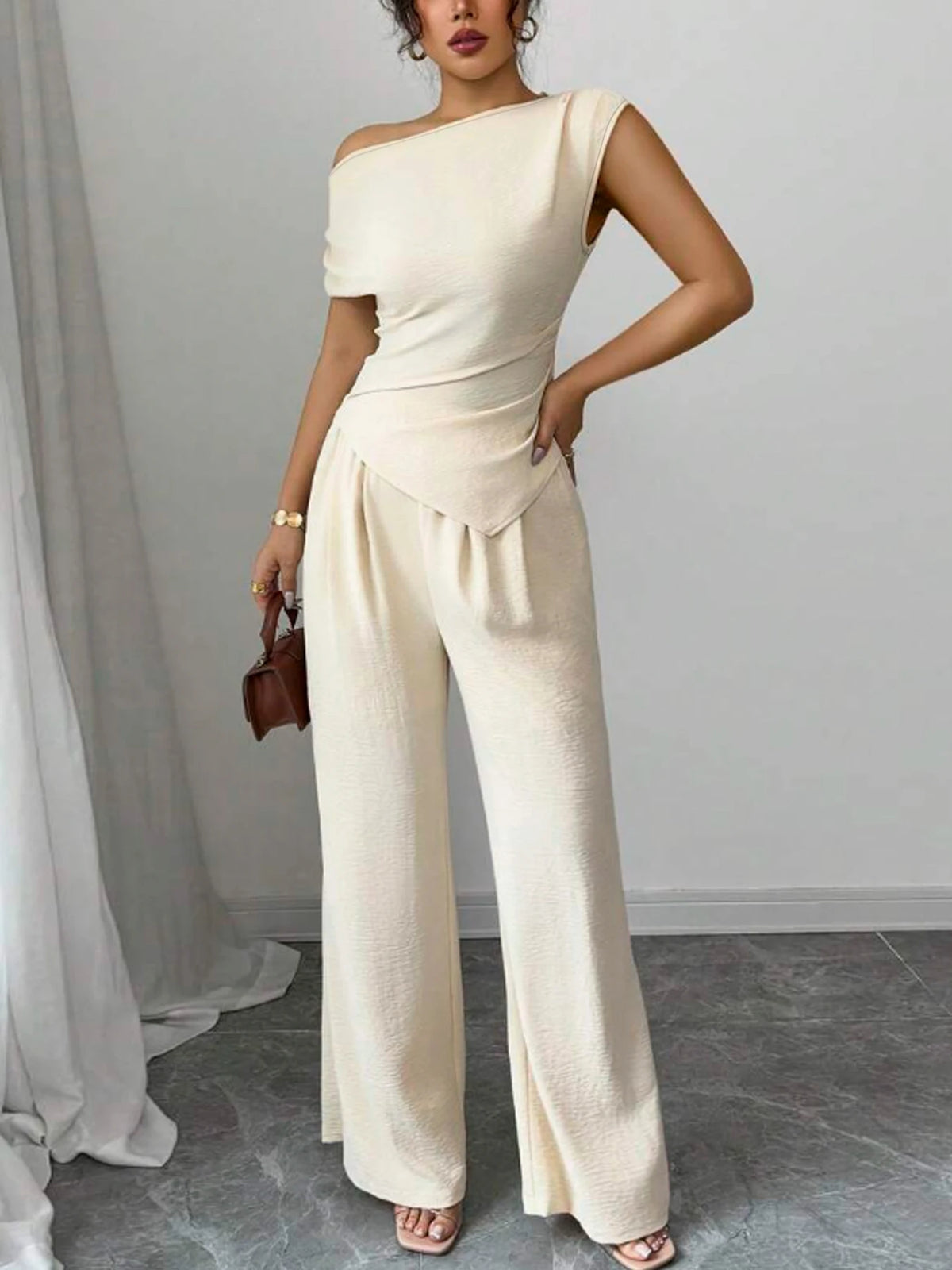 Casual Asymmetric Top And Wide Leg Pants Two Piece Set