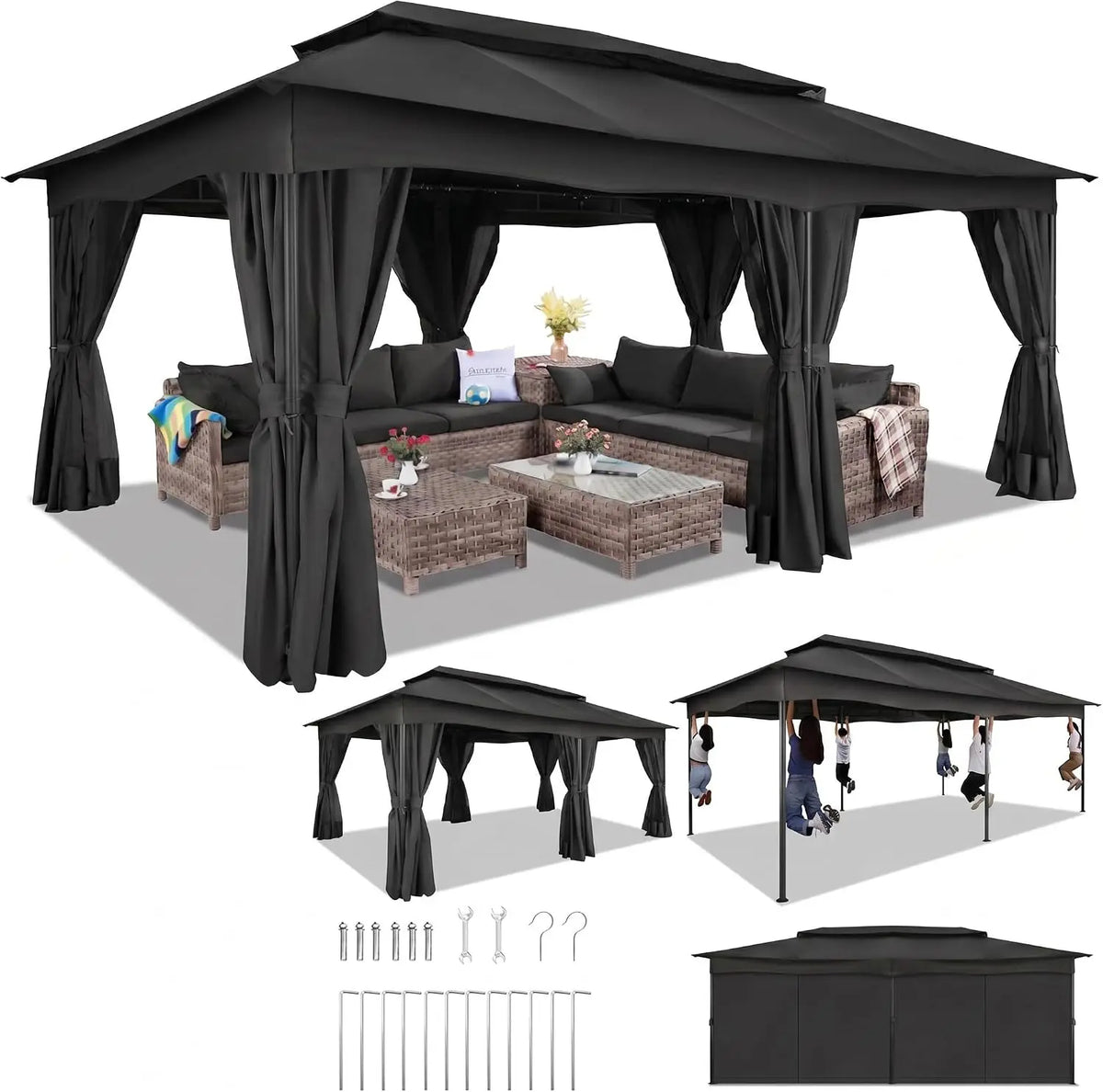 Tooluck Outdoor Gazebo with Curtains and Ventilated Double Roof Canopy