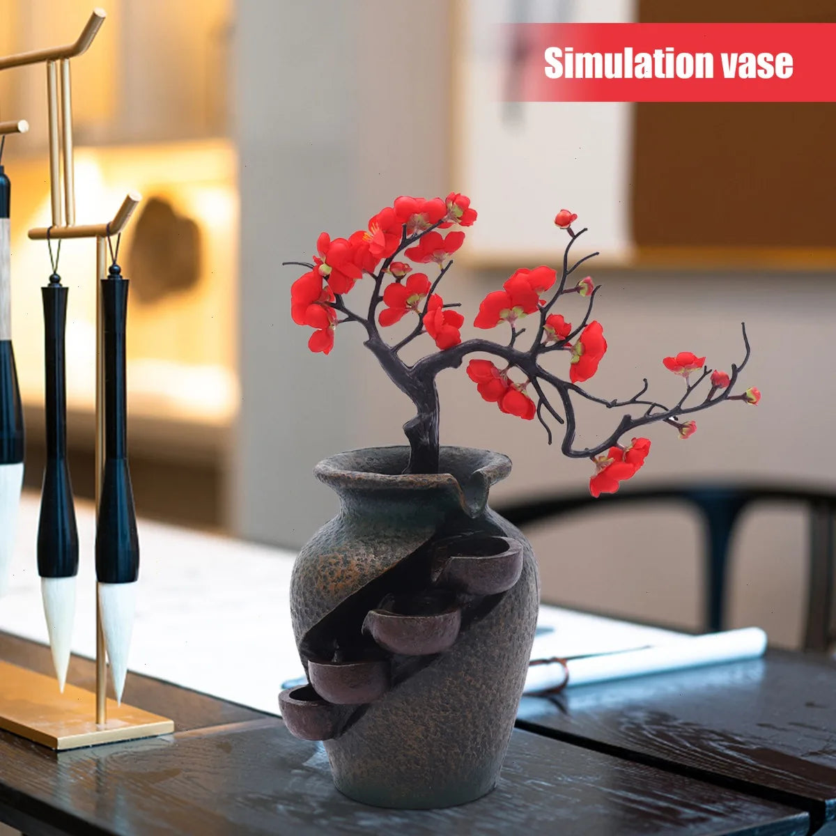 Byamaocar Tabletop Water Fountain With Simulated Flowers Indoor Decor