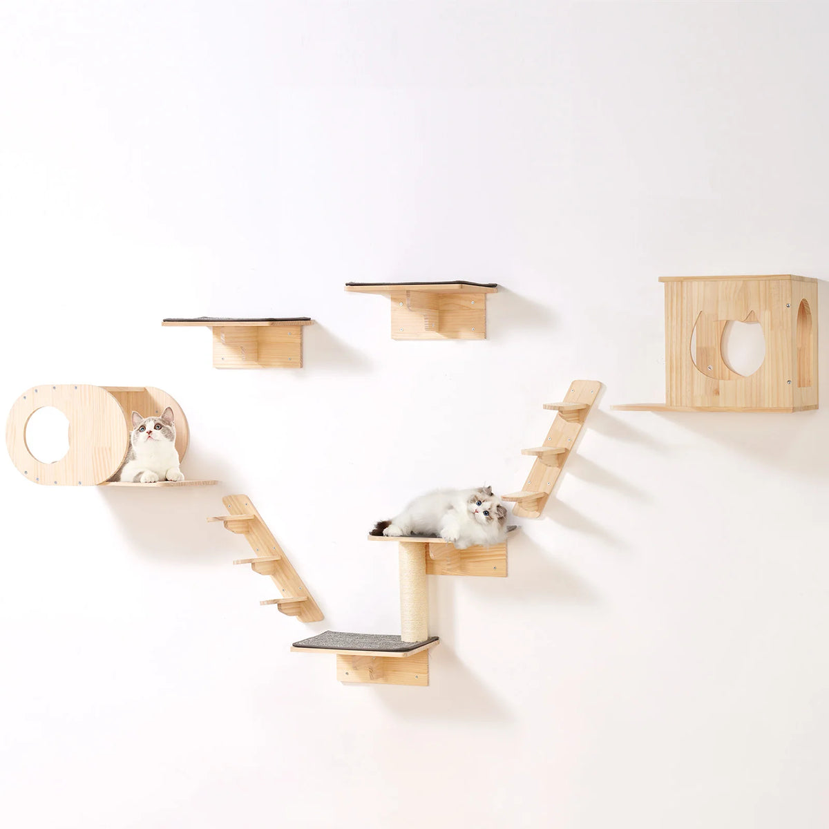 SucceBuy Wall Mounted Cat Shelves Wooden Jumping Board And Hammock
