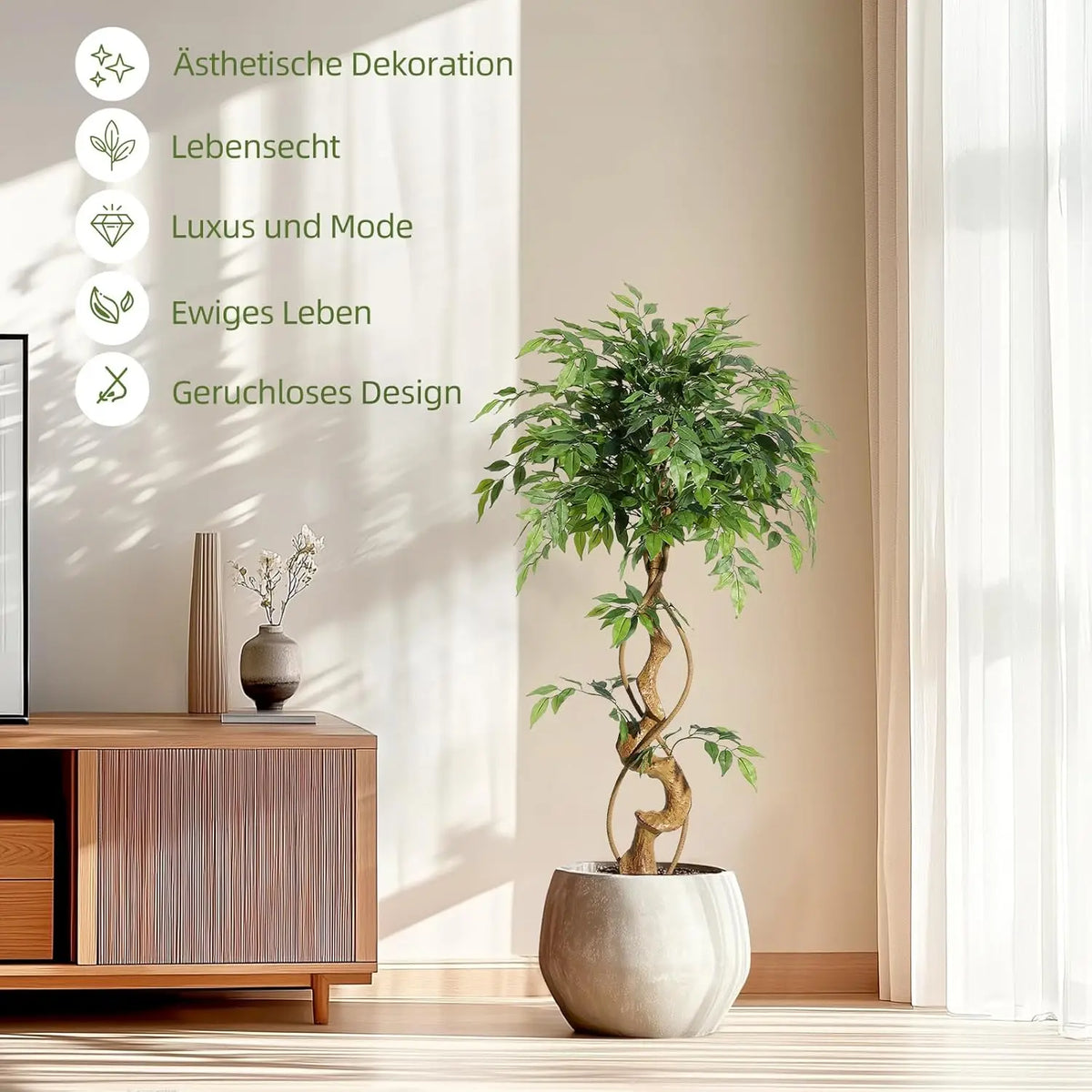 Artificial Ficus Tree With Planter Silk Leaves Weeping Fig Decor