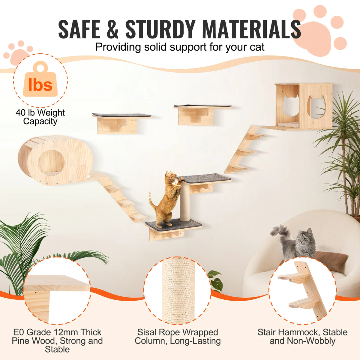 SucceBuy Wall Mounted Cat Shelves Wooden Jumping Board And Hammock