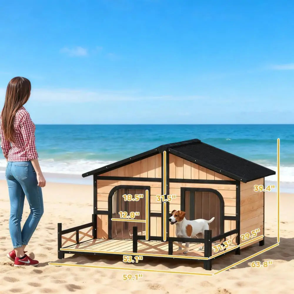Weatherproof Wooden Dog House Kennel With Porch And Removable Floor