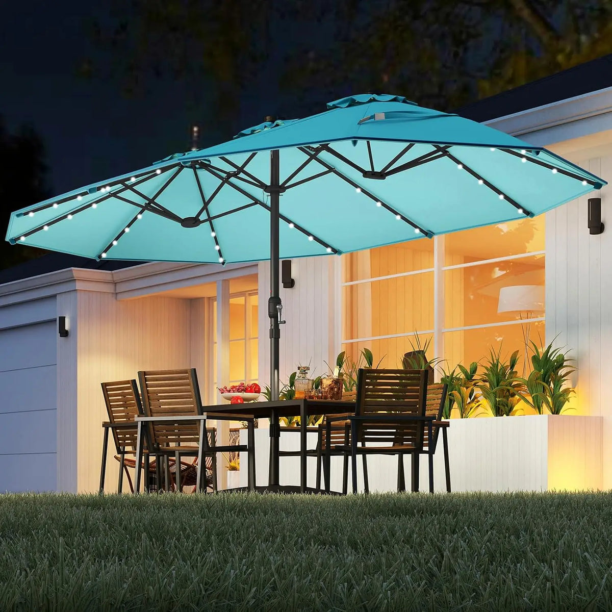 Double-Sided Solar Patio Umbrella With LED Lights And Vented Top