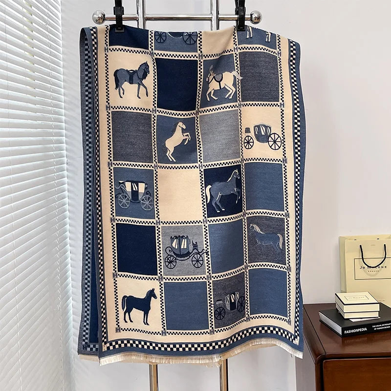 Women's Horse Print Winter Poncho Scarf Shawl Wrap for Outdoor Wear