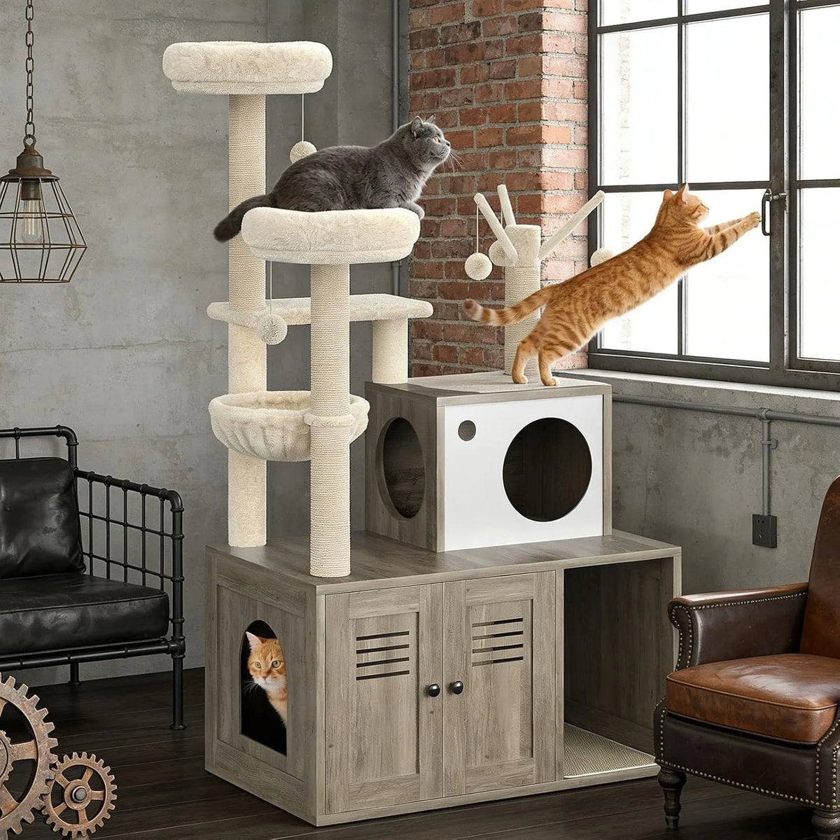 Modern Cat Tower With Hidden Litter Box And Scratching Posts