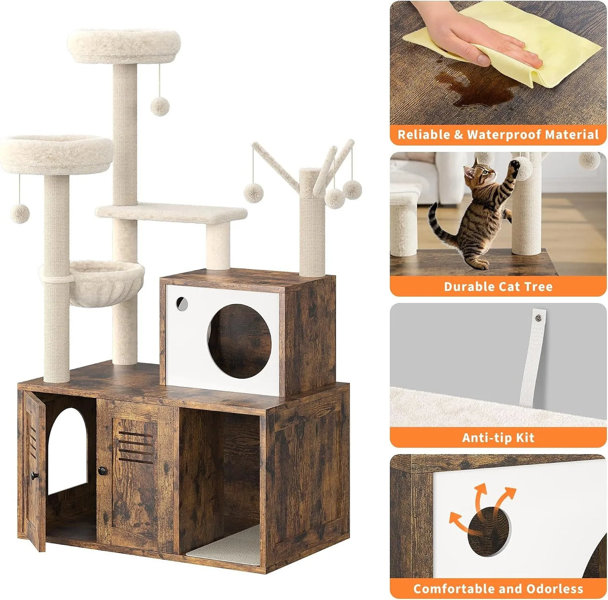 Modern Cat Tower With Hidden Litter Box And Scratching Posts