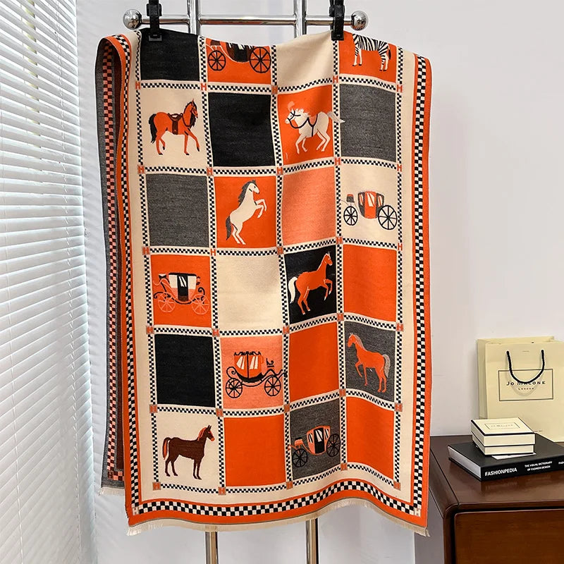Women's Horse Print Winter Poncho Scarf Shawl Wrap for Outdoor Wear