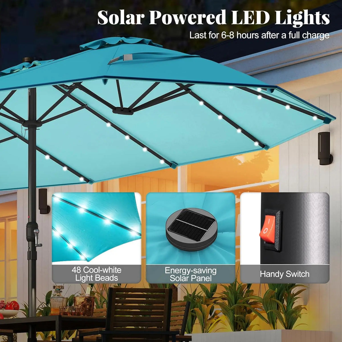 Double-Sided Solar Patio Umbrella With LED Lights And Vented Top