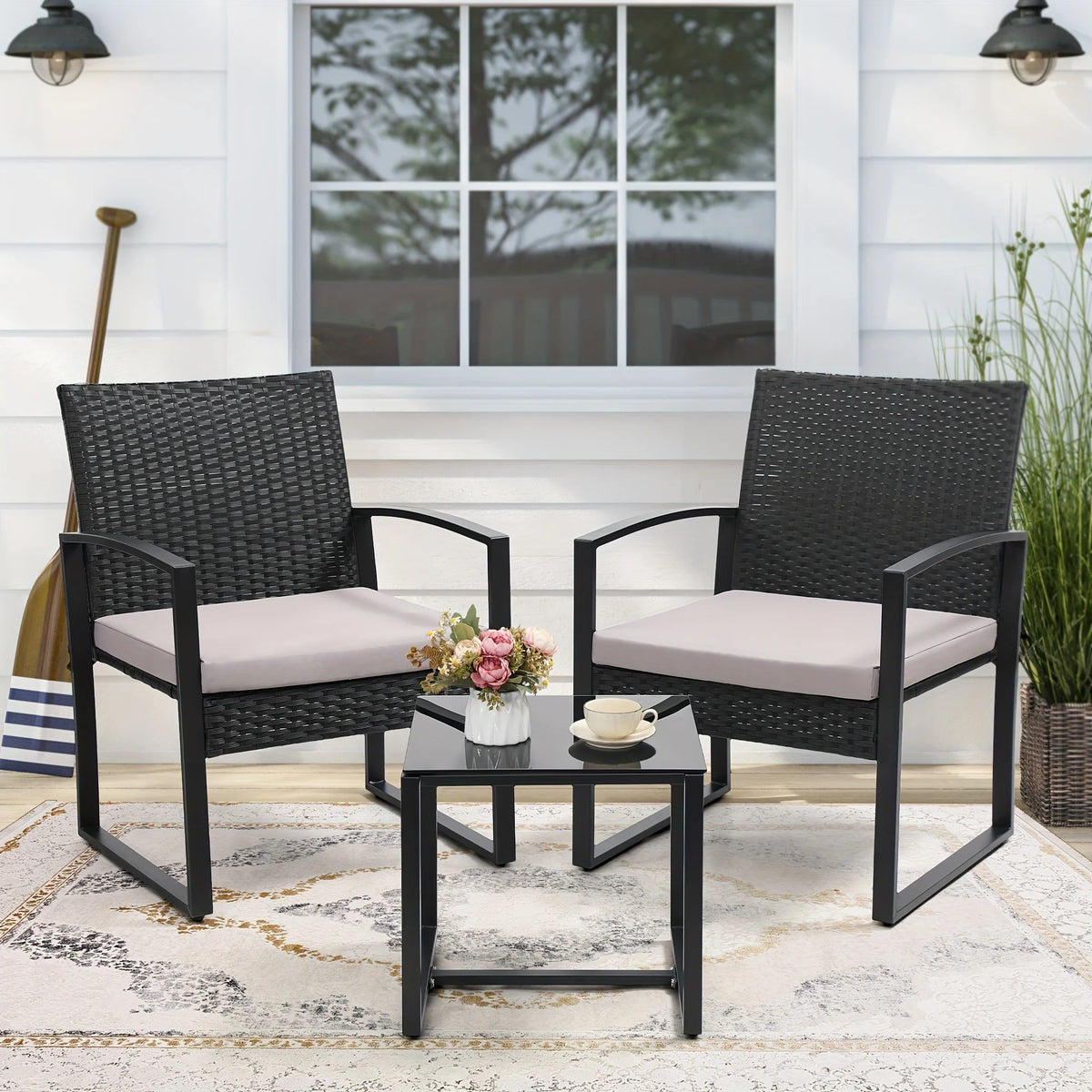 TUAREX Outdoor Wicker Bistro Set With Coffee Table And Cushions