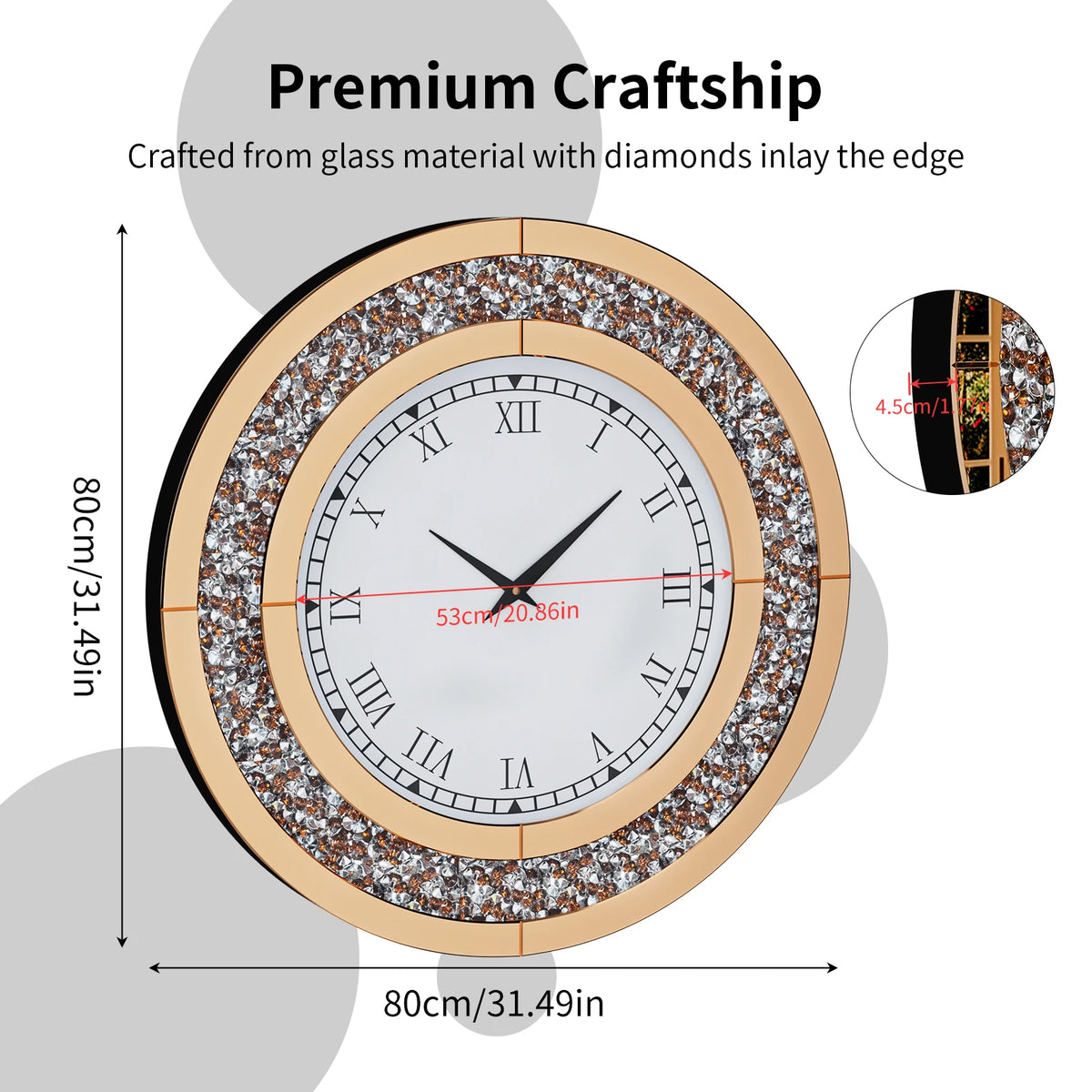 Crystal Diamond Mirror Wall Clock With Alarm Bedroom Home Decor