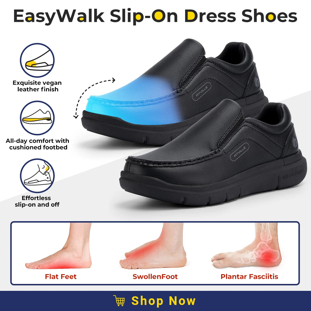 FitVille Men's Leather Slip On Loafers With Arch Support Walking Comfort