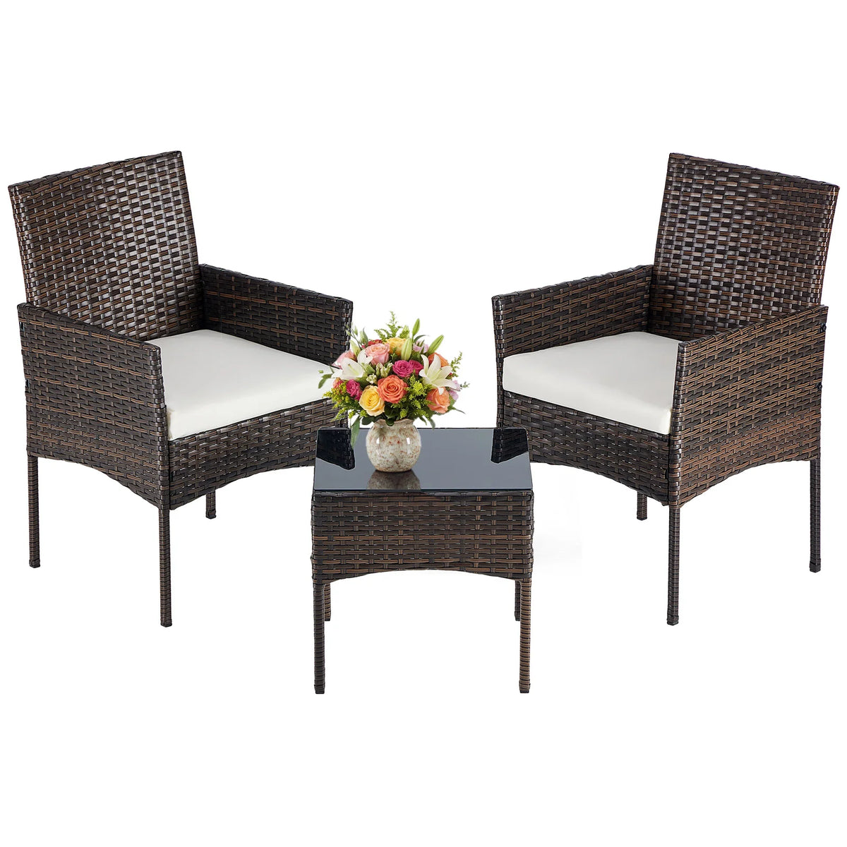 JHK Wicker Patio Bistro Set With Cushions And Glass Table