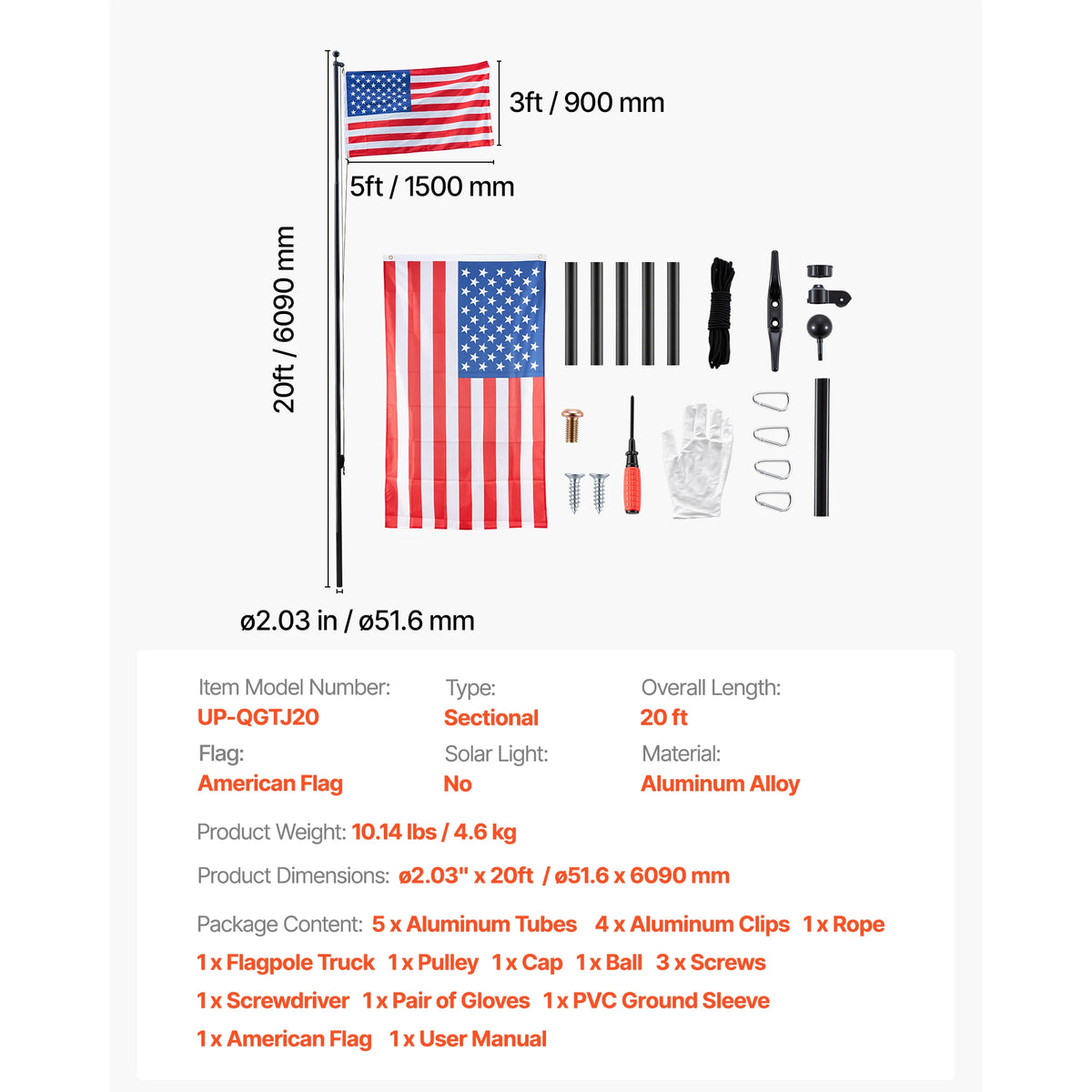 SucceBuy Aluminum Sectional Flagpole Kit With American Flag For Yard
