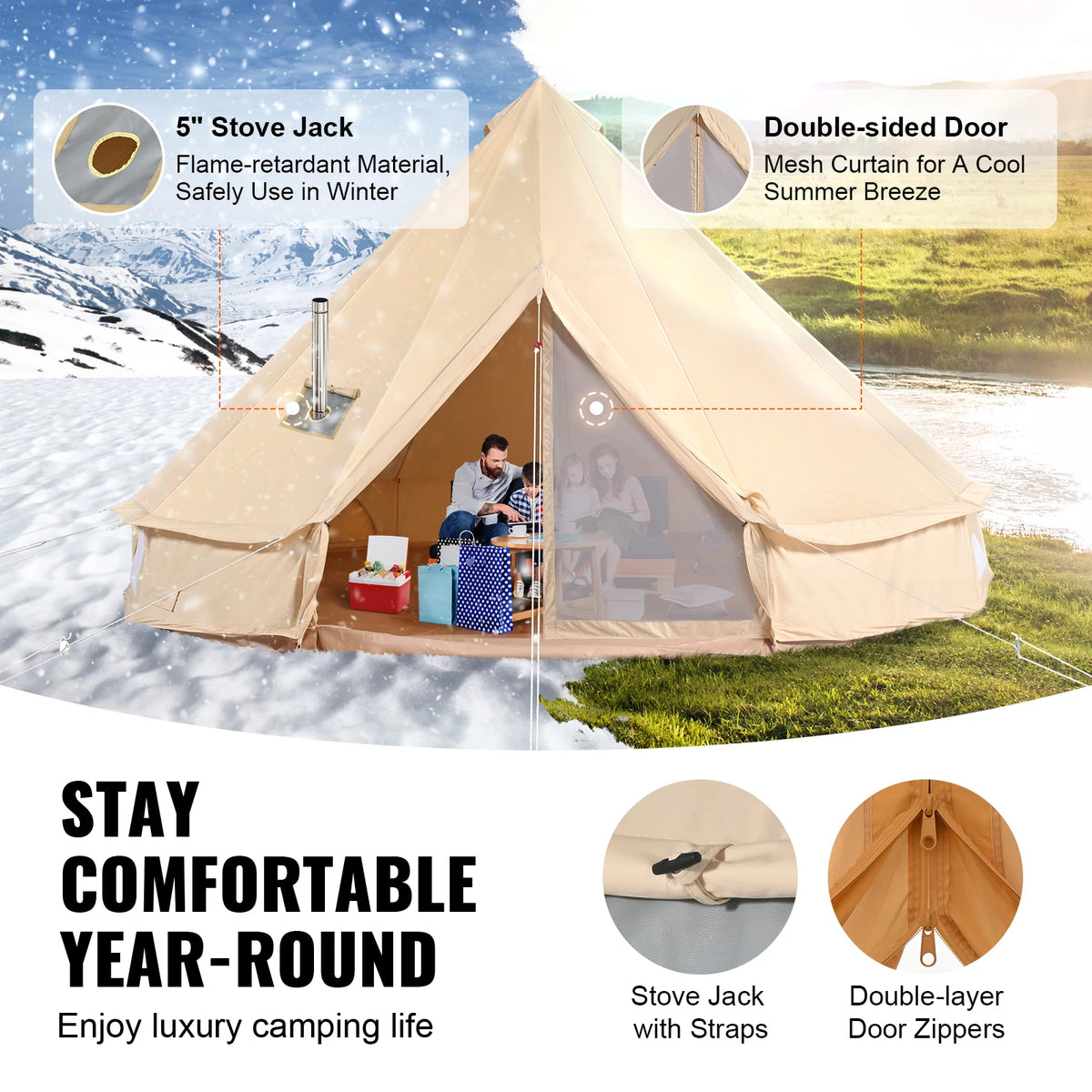 SucceBuy Canvas Bell Tent With Stove Ventilation For Camping