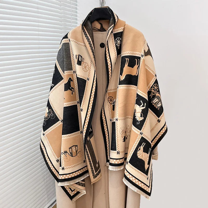 Women's Horse Print Winter Poncho Scarf Shawl Wrap for Outdoor Wear
