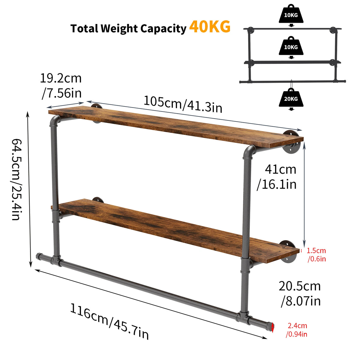 Heavy Duty Wall Mounted Pipe Clothing Rack With Open Shelves
