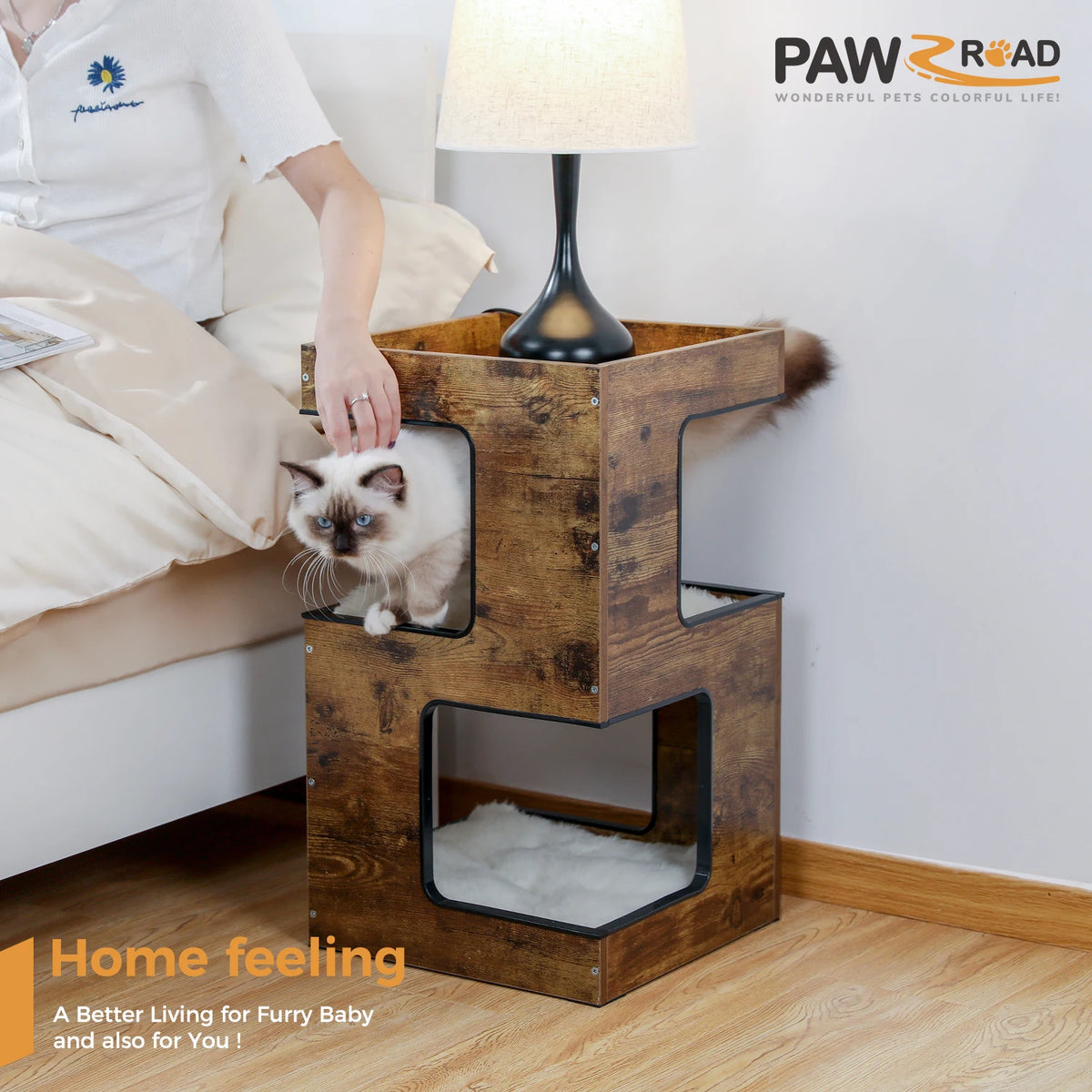 PAWZ Road Modern Wooden Cat Condo Bed With Scratching Pad