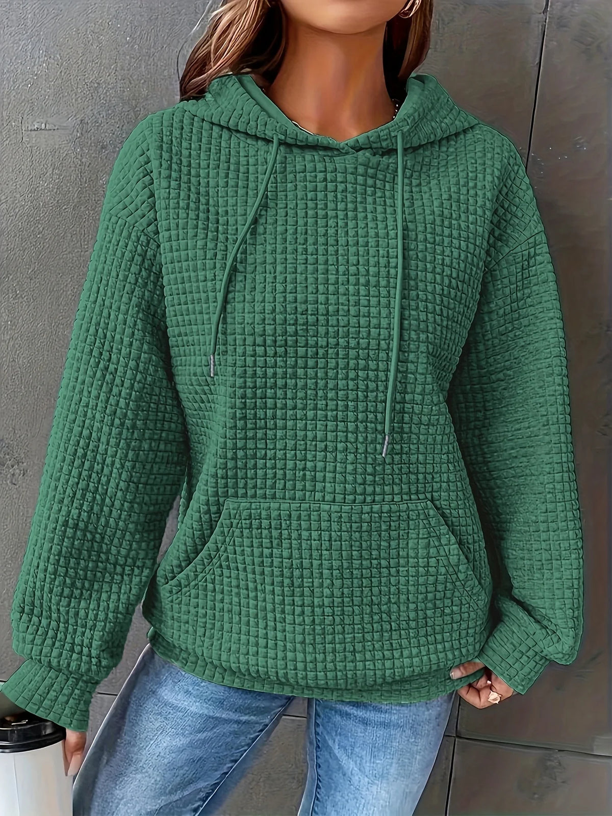 Women's Waffle Knit Pullover Hoodie With Kangaroo Pocket