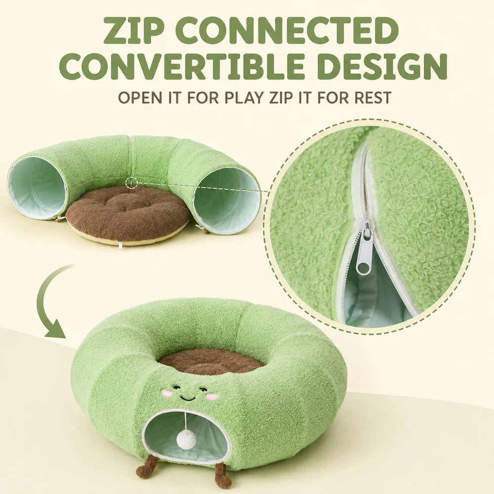 Convertible Cat Tunnel Bed With Plush Donut Cushion And Hideaway