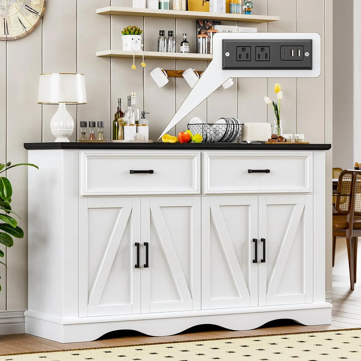 Modern Farmhouse Buffet Cabinet With Charging Station And Storage
