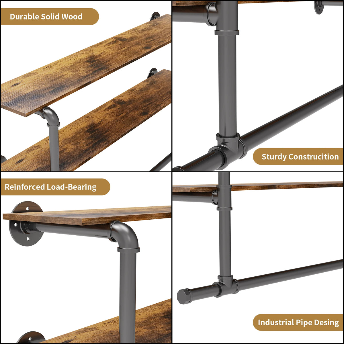 Heavy Duty Wall Mounted Pipe Clothing Rack With Open Shelves