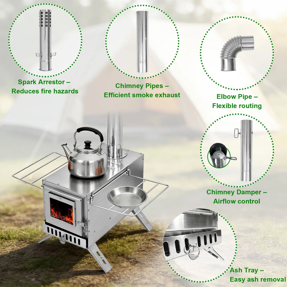 Portable Stainless Steel Wood Stove for Camping Cooking and Heating