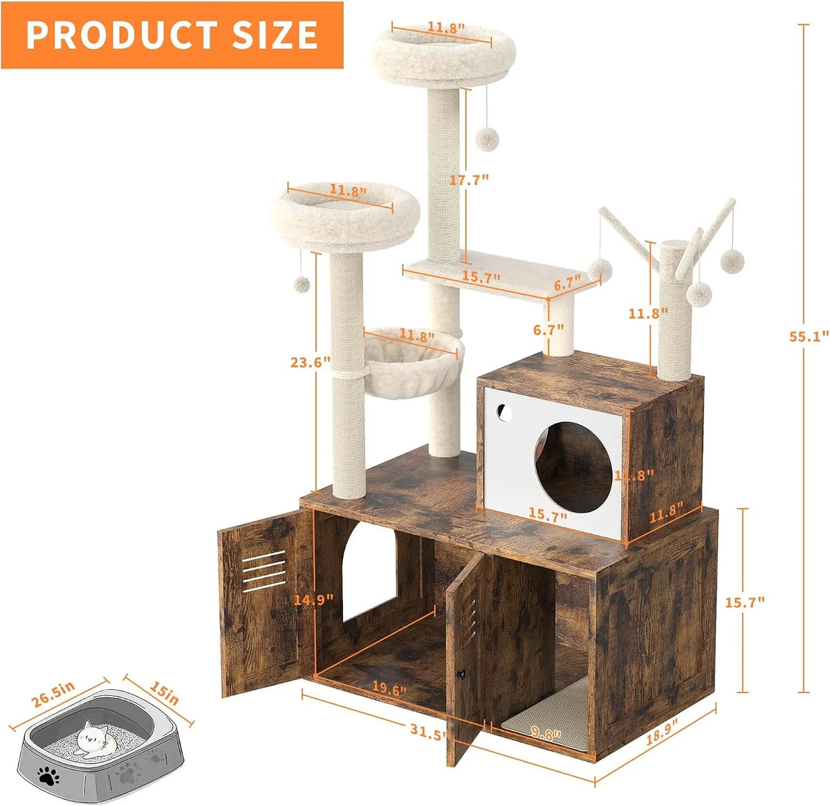 Modern Cat Tower With Hidden Litter Box And Scratching Posts
