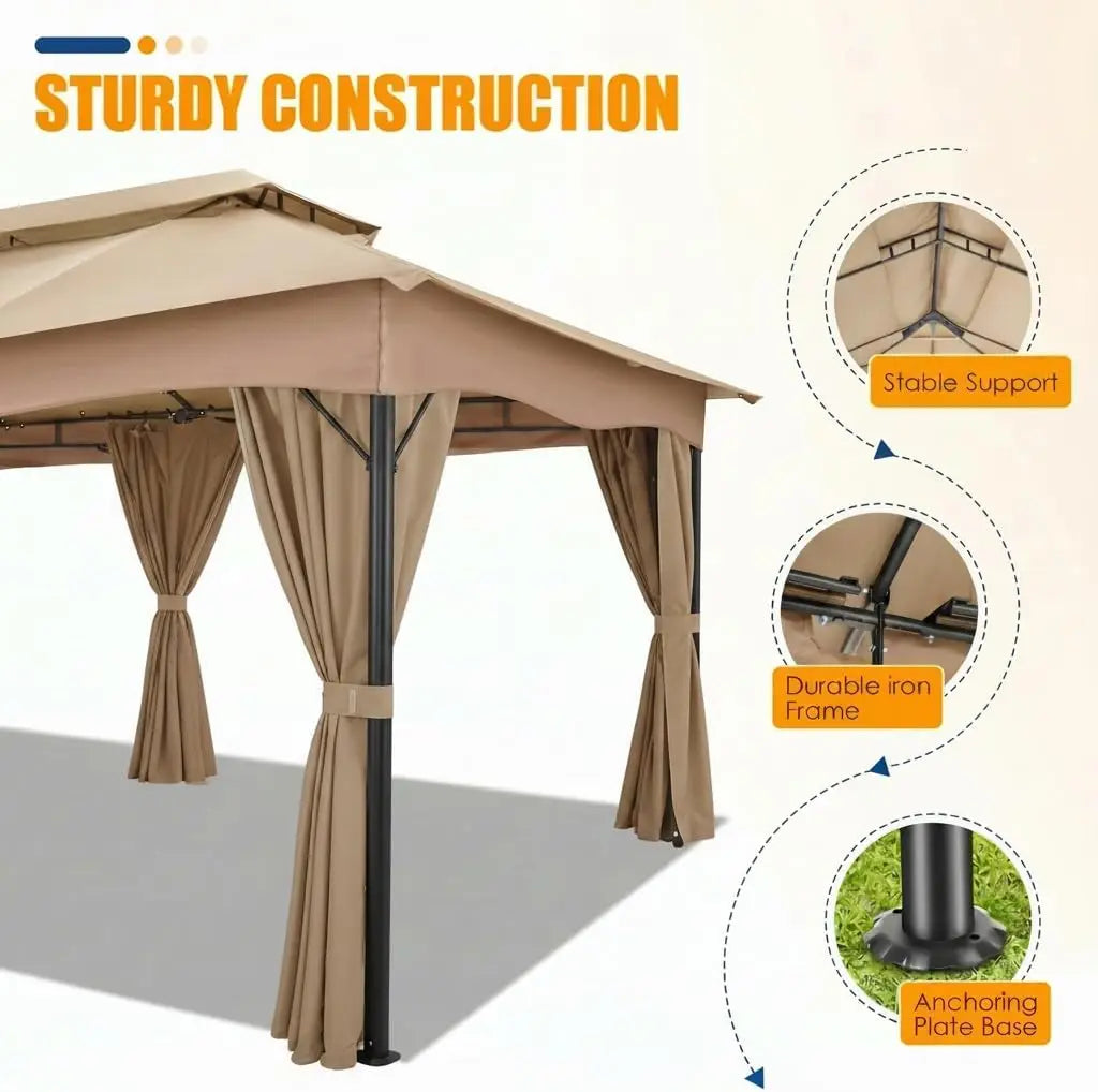 Tooluck Outdoor Gazebo with Curtains and Ventilated Double Roof Canopy