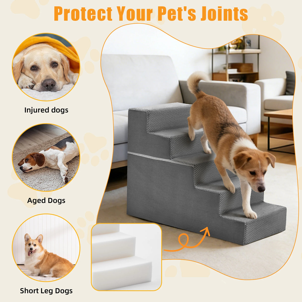 Curved Foam Dog Stair Ramp With Non Slip Indoor Steps