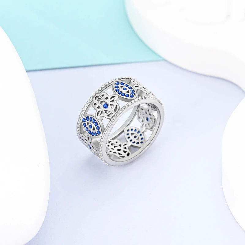 MULA Sterling Silver Evil Eye Clover Celtic Knot Wedding Band Ring