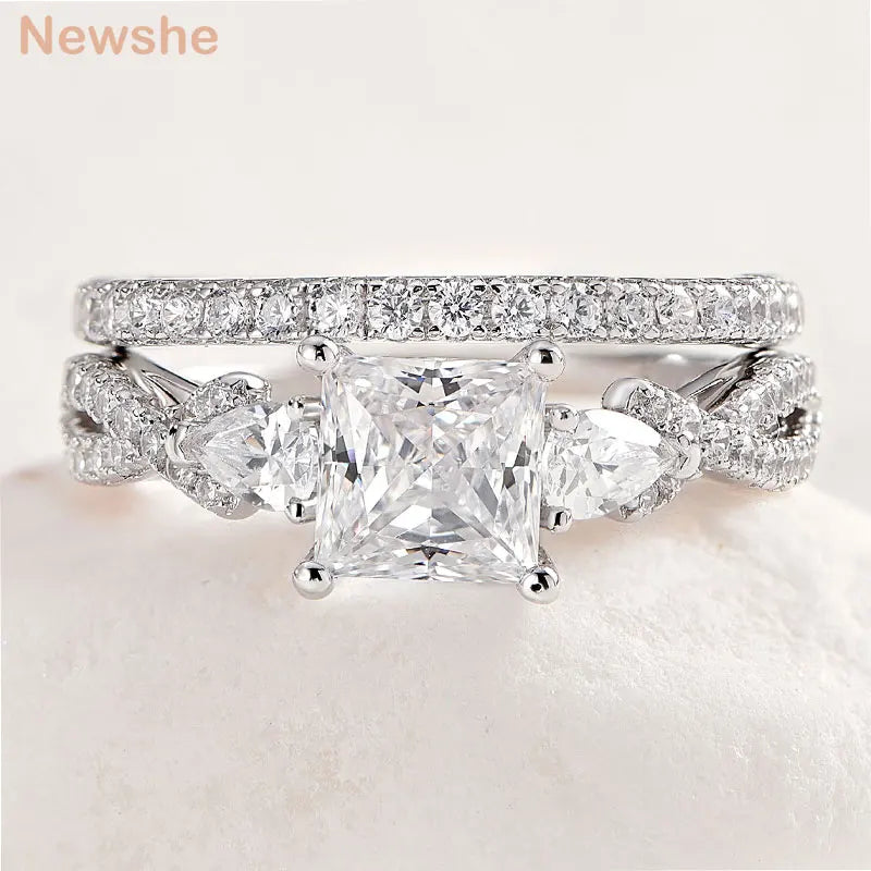 Newshe Sterling Silver Moissanite Wedding and Engagement Ring Set