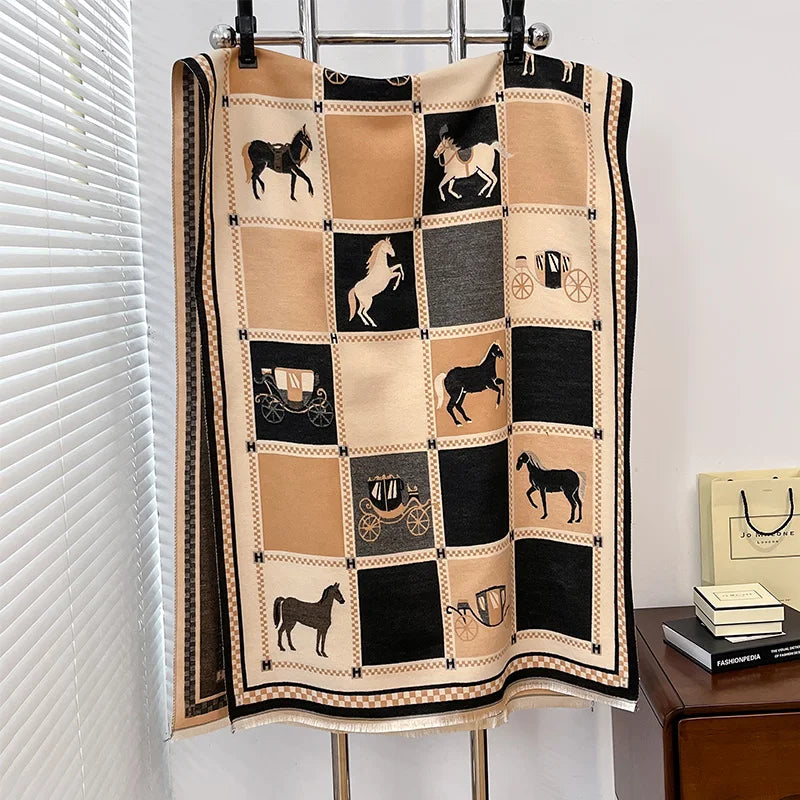 Women's Horse Print Winter Poncho Scarf Shawl Wrap for Outdoor Wear