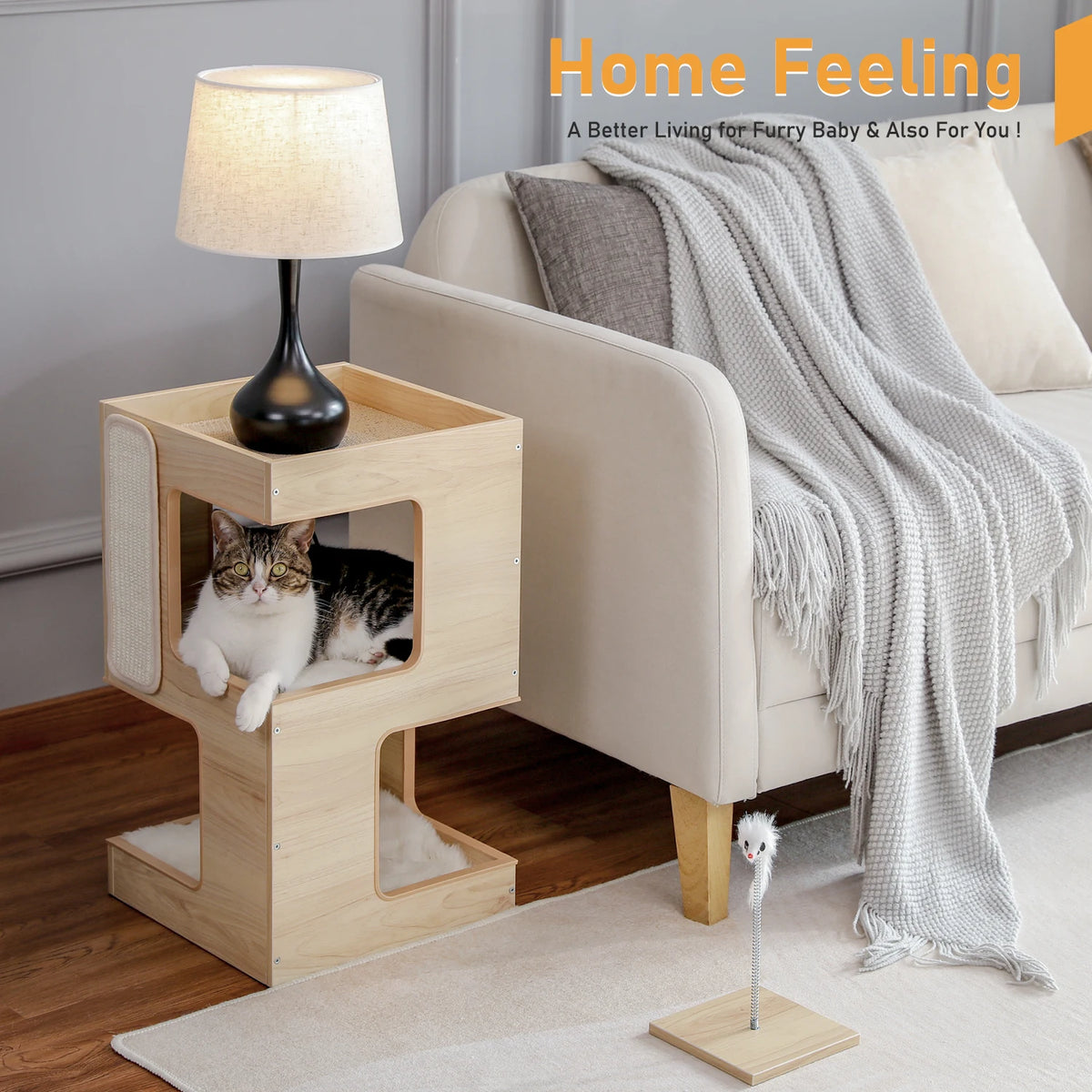 PAWZ Road Modern Wooden Cat Condo Bed With Scratching Pad