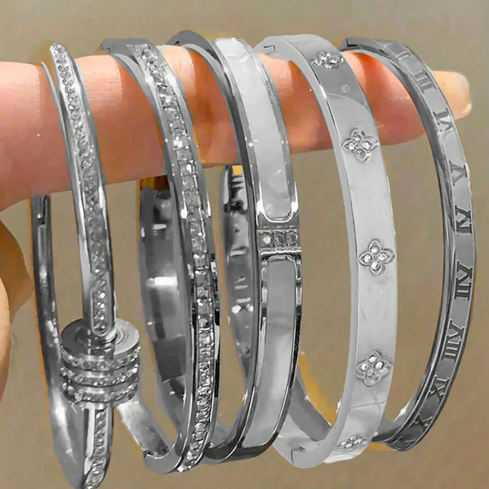 Sparkling Zirconia Stainless Steel Bracelet Set For Women