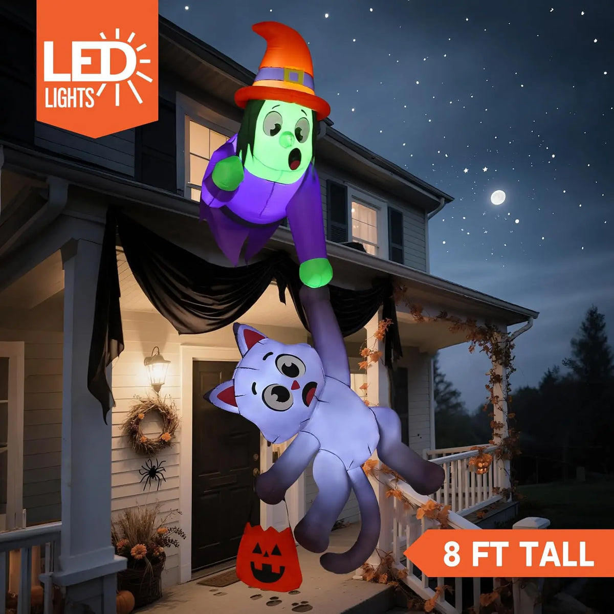 Halloween Witch And Black Cat Inflatable Roof Decoration LED Lights